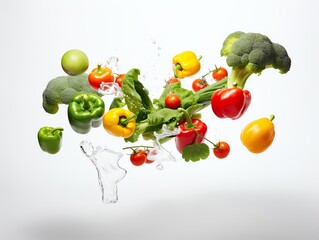 Fresh vegetables in mid-air with water droplets, colorful and vibrant.