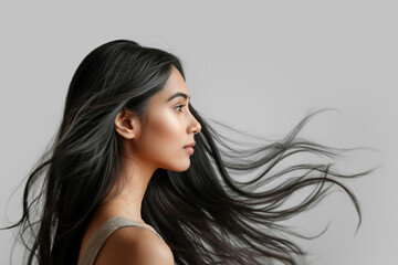 Profile of an Indian woman with long black hair flowing in the wind against a grey background