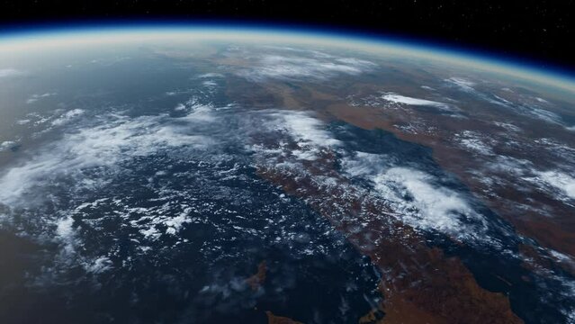 Aerial view of Earth from satellite showing continents, oceans, clouds in high resolution