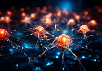 Neurons in the brain on blue background with depth of field