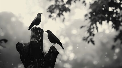 Monochrome image of birds perched on tree in natural setting - Powered by Adobe