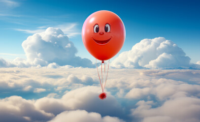 Red balloon with smiley face flying in the clouds. 3D rendering