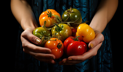 Woman is holding handful of tomatoes