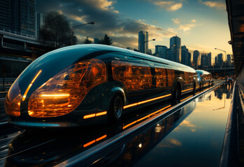 Futuristic electric bus drives down wet highway at dusk.