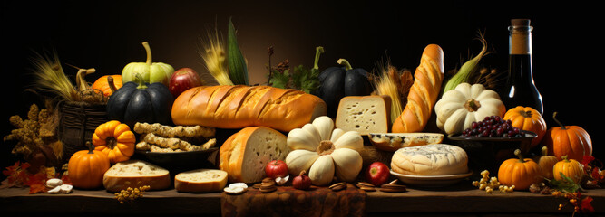 Table is filled with variety of food items including bread cheese and pumpkins