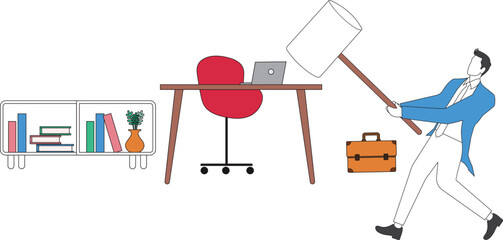 Hammer crashing workplace in office, Businessman with hammer crashing workplace in office
