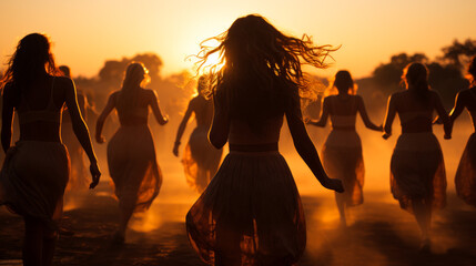 Girls are running in the dust at sunset