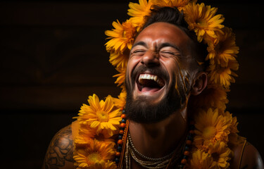 Man laughs with flower garland around his head