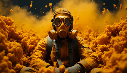 Man in gas mask sits in yellow smoke