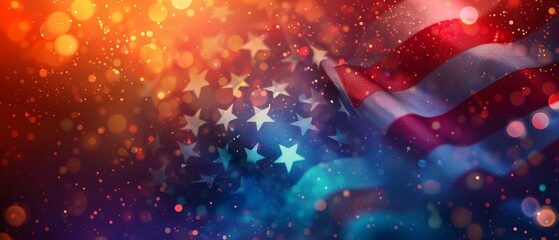 Festive American flag with bokeh background, 4th July celebration, digital illustration