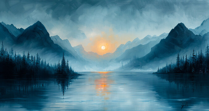 Blue mountain landscape. Lake in the mountains. AI generated