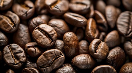 Naklejka premium Close-up of roasted coffee beans. Perfect for coffee shops or beverage backgrounds. Brown coffee beans texture. AI