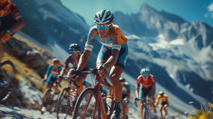 Group of people riding bikes down a mountain side