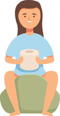Vector illustration of a smiling woman sitting, holding a big jar with both hands