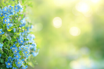 Forget-me-not bush of soft blue color on a blooming flowerbed outdoors on a green blurred background with copy space