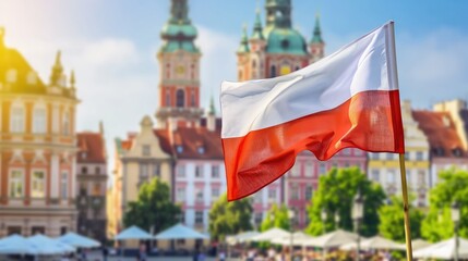 Waving flag of Poland in the city centre on sunny day on Constitution day or Independence day celebration