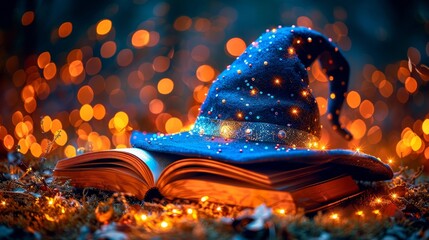 Wizard s hat atop open book   symbolizing magic and knowledge, a mystical representation
