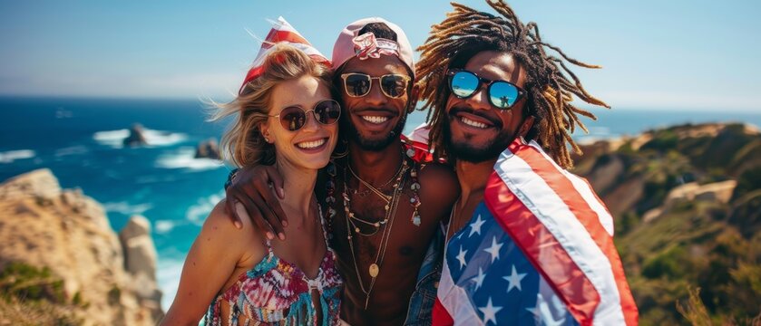 Friends celebrating Independence Day, wrapped in American flag, smiling and hugging