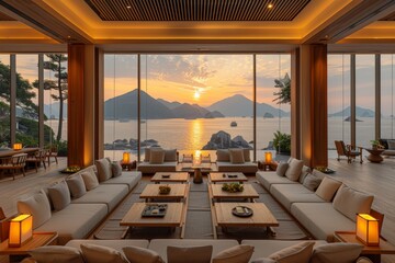 Fototapeta premium Modern restaurant with panoramic ocean view, minimalist decor, and ambient lighting, creating a stylish and elegant dining experience