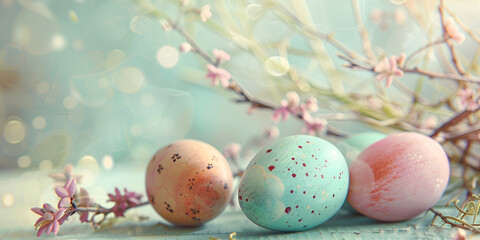 Pastel eggs delicate lace and dainty florals compose a refined spring background
