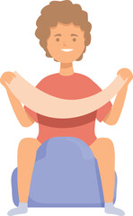 Illustration of a happy boy stretching arms while sitting on a blue exercise ball