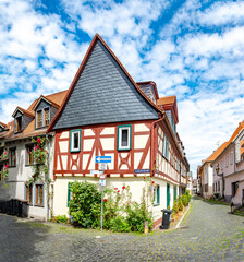 view to old town of Frankfurt Hoechst at the old castle with half timbered historic houses
