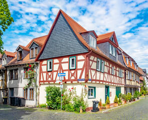 view to old half timbered house in the old historic medieval town of Frankfurt Hoechst, Hesse,...
