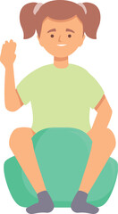 Illustration of a cheerful young girl sitting on a green yoga ball and happily waving hello