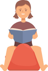 Illustration of a content girl immersed in reading a book while seated on a red beanbag