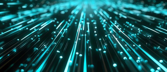 Fototapeta premium Blue and green glowing particles form a glowing tunnel that seems to go on forever.