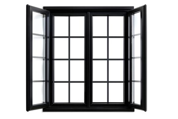 Isolated Window. Black Metallic Frame on White Background with Glass Panes