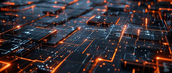 The image is a circuit board with orange glowing lines. The background is black with a blue tint.