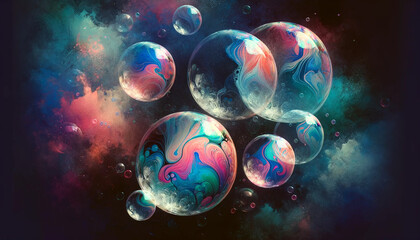 Fototapeta premium Lots of soap bubbles reflecting bright colors floating on a dark abstract watercolor background. Translucent bubbles with swirling patterns in blue, pink and green create a dreamlike effect.