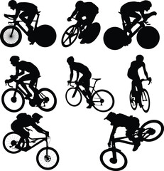 Obraz premium Set of cyclist silhouette illustration. Track cyclist full body. Road biker posing. Downhill biker jumping. People cycling in various pose.