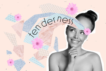 Composite photo collage of happy sexy girl naked shoulders spa beauty procedure flower extract therapy isolated on painted background