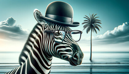 Image of a zebra in a colorful tropical setting, wearing a straw hat and glasses. The zebra stands proudly in front of a lush palm tree, behind which the sparkling sea can be seen. The image captures 