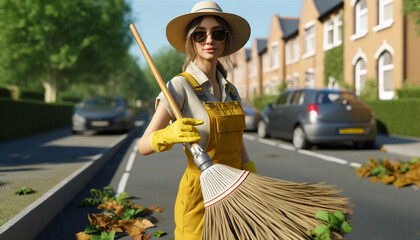 Detailed close-up of a street cleaner sweeping a street in a small town. Janitor, paved street, collecting dirt and leaves.