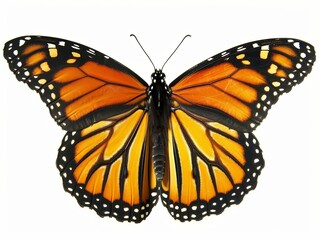 A closeup of a monarch butterfly with wings spread
