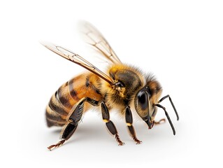 A detailed macro shot of a honeybee on a white background 