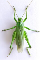 A green grasshopper perched on a white background 095