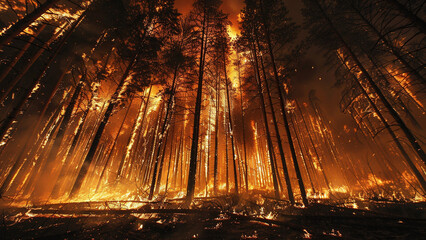 Dramatic Scene of a Forest Fire with Trees Engulfed in Flames and Billowing Smoke
