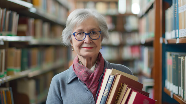 An elder woman holding books stands in a library, portraying a lifelong pursuit of knowledge and education