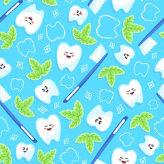 Kawaii seamless pattern with cute tooth character, mint and toothbrush