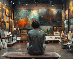 Person admiring various paintings in an art gallery, showcasing contemporary and abstract artwork on a wooden bench.
