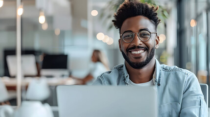 Fototapeta premium A man wearing glasses is focused on looking at a laptop screen in a room