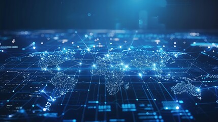 Abstract image of glowing blue circuit board with world map. Technology background.
