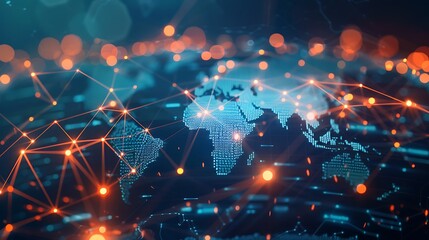 Abstract image of glowing orange and red plexus lines and dots on dark blue background with world map in center.