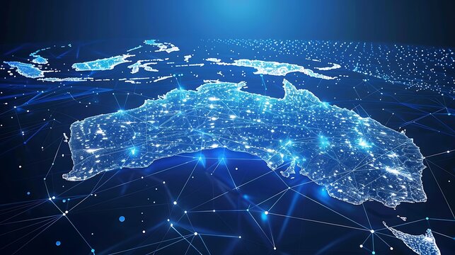 Abstract image of Australia made of glowing dots and lines representing a digital network.