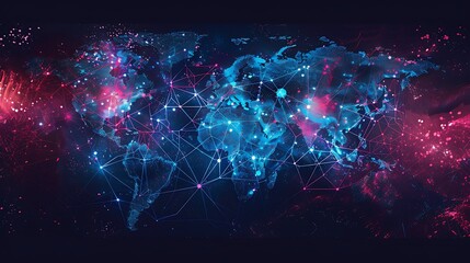Blue and purple glowing plexus world map.