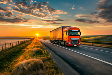 A large semi truck is seen driving down a road during sunset, with the warm orange light illuminating the scene